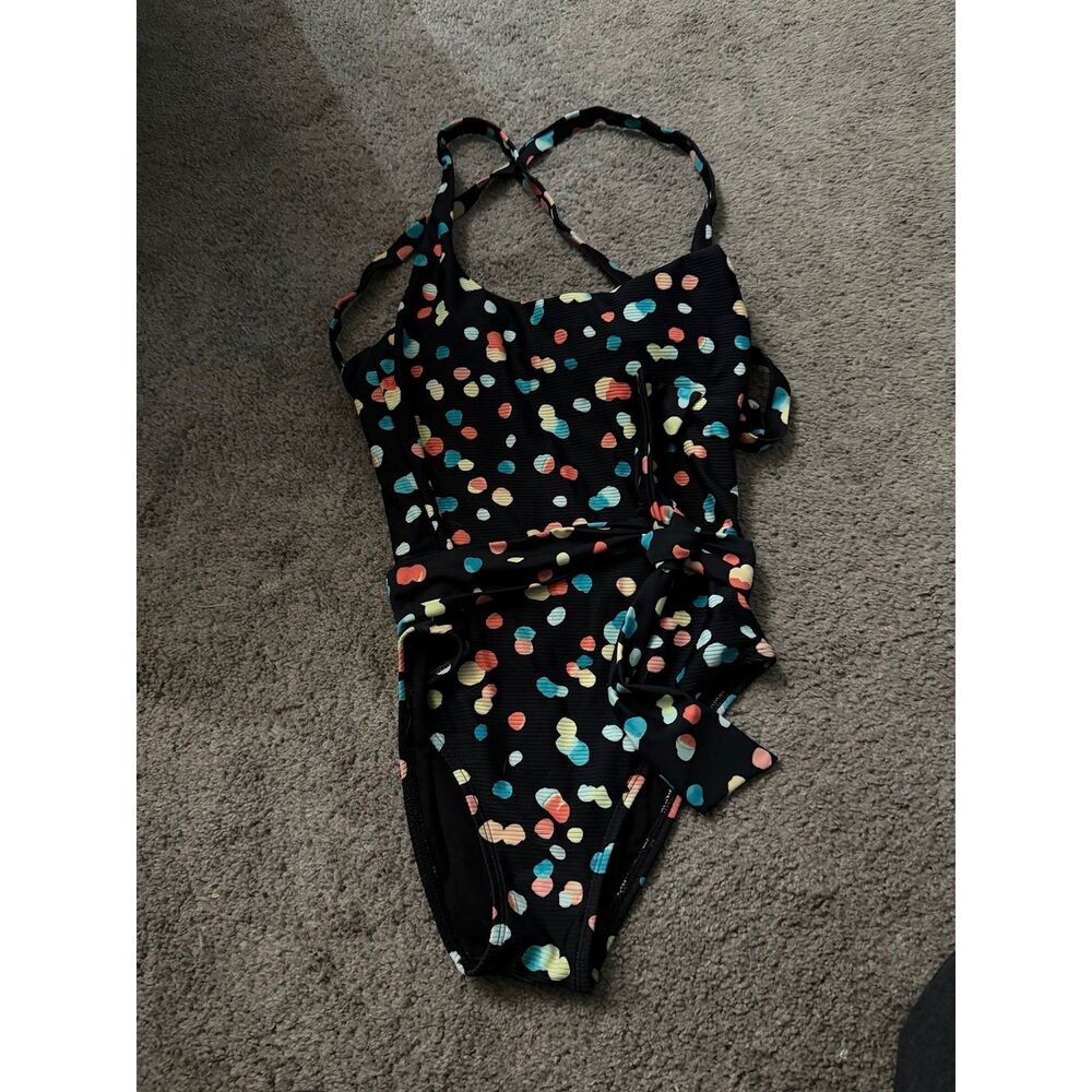 Skye One Piece Wrap Tie Front Swimsuot Black Multi Color Dot Cross Back Women S